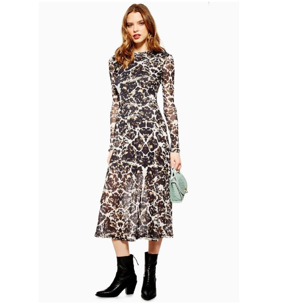 Topshop Black and Cream Long Sleeve Midi Dress